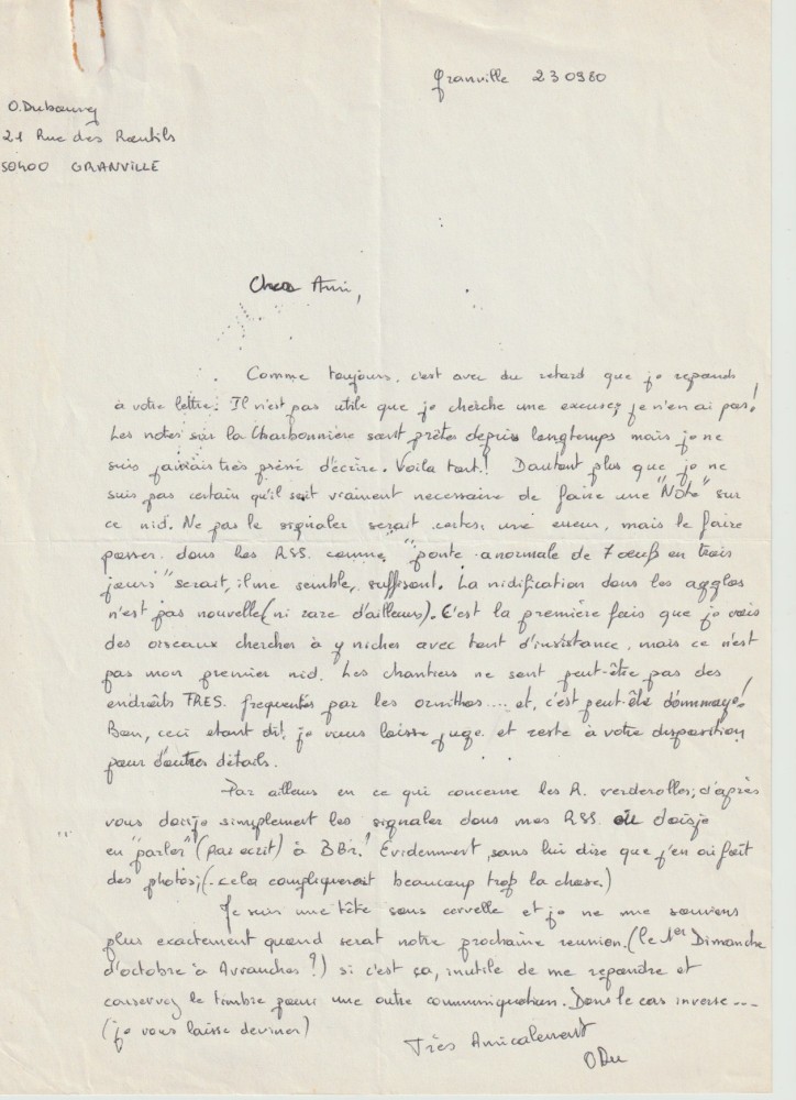 Courrier d'Olivier Dubourg à Jean Collette en date du 23 septembre 1980