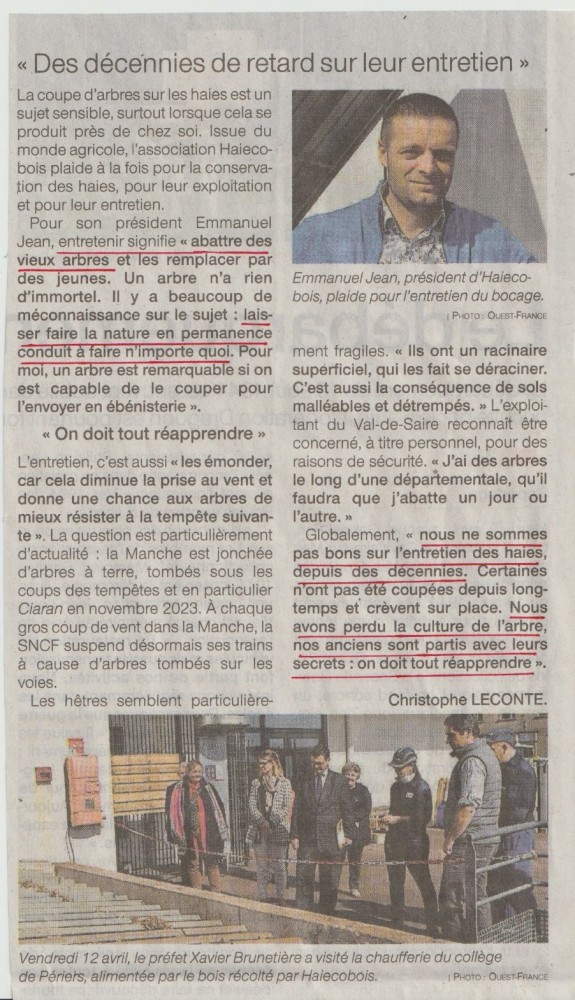 Ouest-France 24 avril 2024, page Manche; Témoignage du président d'Haiecobois.