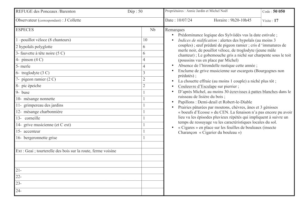 tableau de synthèse du relevé 17 du 10 juillet 2024