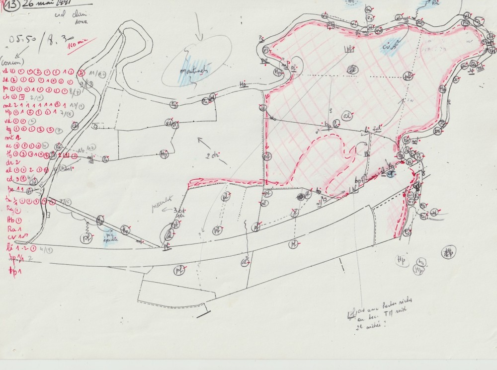 feuille de terrain du 26 mai 1991. Seule une partie du relevé a été reprise en 2025 (circuit en rouge)