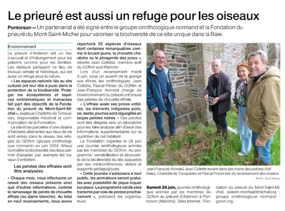 Screenshot_20250610_131632_Ouest-France - Le journal.jpg (338.41 Kio) Vu 9379 fois Ouest-France, édition du 10 juin 2025 (Pontorson). Cet article résulte de la rencontre avec la correspondante locale du quotidien, en date du 27 mai. Il est visiblement difficile de trouver un créneau libre pour la publication (près de 15 jours plus tard.).
