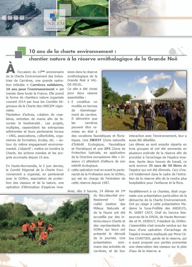 Page du bulletin de l'UNICEM consacrée à la journée du dixième anniversaire de la Charte Environnement des industries de Carrières.