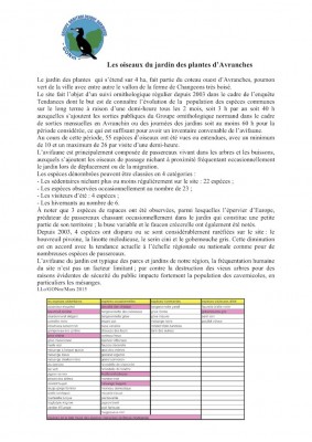 Document de synthèse distribué à la presse présente lors de la signature. Il est rappelé que comme en beaucoup d'autres endroits, certains passereaux disparaissent du site : la linotte, le bouvreuil, le serin cini, le gobemouche gris...