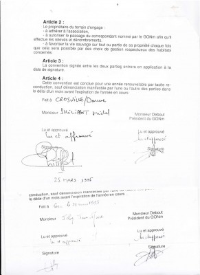Copie des deux signatures des deux premières conventions du réseau des refuges datant de mars 1995.