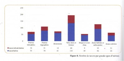 Rapportées aux surfaces concernées, les haies, les prairies humides, les cours d'eau abritent une forte proportion des espèces végétales recensées.