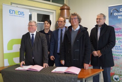 La signature à Antifer : H. Wattiez (Enedis), E. Grellier (secrétaire d'état), C. Lethuillier (maire), G. Debout (GONm) &amp; J. Dellerie (député).