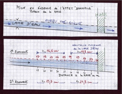 Le niveau de l'eau est supérieur à ce qui est attendu en amont de la haie en travers du flot.