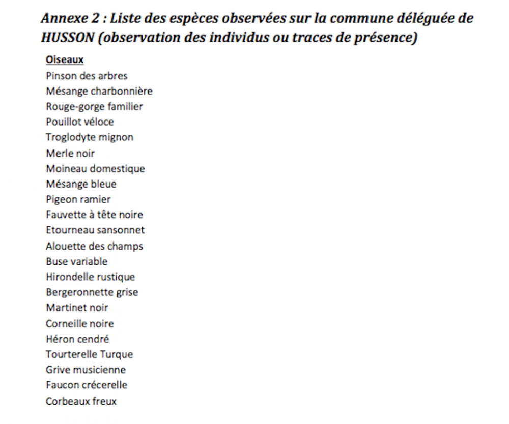 la liste d'oiseaux citée dans l'étude d'impact