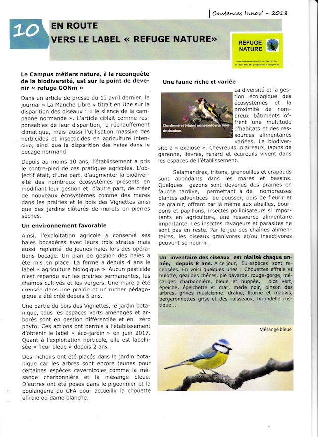 "Coutances innov" n°2, juin 2018 , publiée par Campus Métiers Nature du Lycée agricole