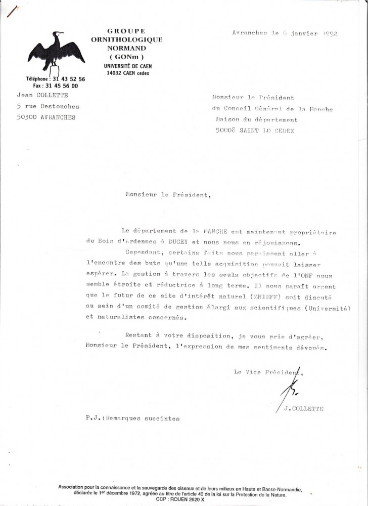 Courrier du 6 janvier 1992. Des réunions  furent programmées ensuite, la compréhension de Monsieur Duhommet, directeur du SMET (Syndicat mixte d'équipement tourisitique, antérieur au SyMEL) nous aida efficacement.