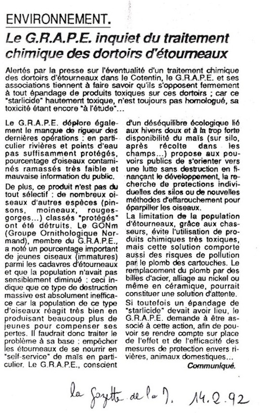La Gazette de la Manche, publication du 14 février 1992.