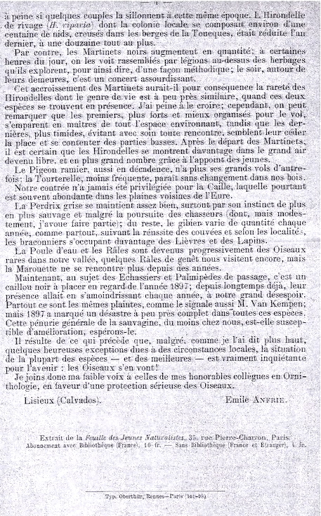 page 4 - Le pigeon ramier &quot;en décadence&quot;. <br />&quot;Les Oiseaux s'en vont!&quot;. Et encore, Anfrie n'imagine pas qu'un jour un ouvrage aura pour titre &quot;Le printemps silencieux&quot;.