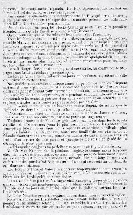 page 3 - &quot;Rouge-Queue de muraille&quot; (rougequeue à front blanc), &quot;Rubicole&quot; (traquet pâtre ou tarier pâtre), &quot;Fauvette d'hiver&quot; (accenteur), dénominations d'un autre temps... La fauvette grisette est plus répandue que la fauvette à tête noire et le pouillot fitis semble plus abondant que le véloce.