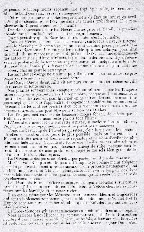 page 3 - &quot;Rouge-Queue de muraille&quot; (rougequeue à front blanc), &quot;Rubicole&quot; (traquet pâtre ou tarier pâtre), &quot;Fauvette d'hiver&quot; (accenteur), dénominations d'un autre temps... La fauvette grisette est plus répandue que la fauvette à tête noire et le pouillot fitis semble plus abondant que le véloce.