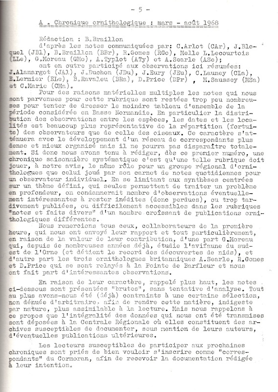 page 5: les 17 premiers contributeurs (dont 3 Britanniques) au fichier cités dans la chronique ornithologique de mars à août 1968.