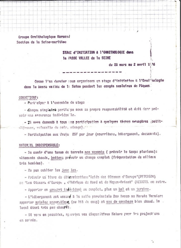 Fiche d'inscription envoyée par François Leboulenger. Couchage au sol et local peu chauffé sont les conditions de base du stage!