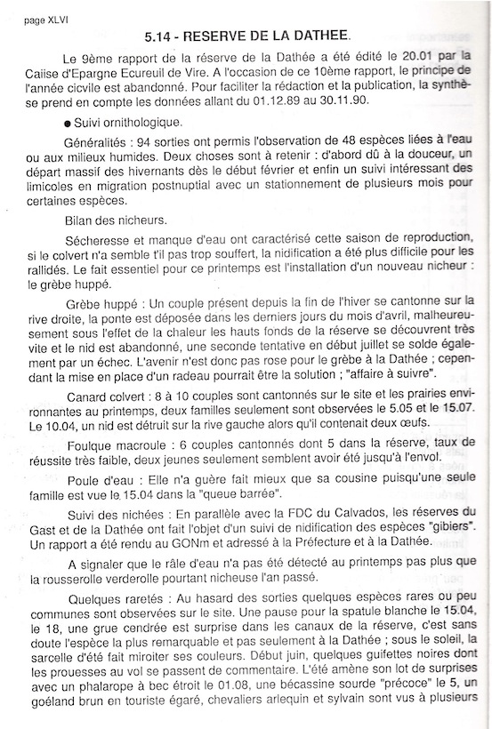 Rappel du soutien financier de la Caisse d'Epargne Ecureuil de Vire dans le tirage du bilan annuel de la réserve de la Dathée (synthèse 1990).