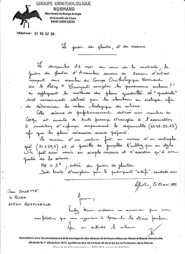 Courrier à la presse 13 mai 1989. Projet ambitieux, mais la présence locale  des naturalistes dans la presse fait partie des ressorts sociétaux à ne pas négliger même si a priori cette partie &quot;médiatique&quot; de notre activité n'est pas naturelle ou spontanée chez la plupart des ornithologues amateurs...