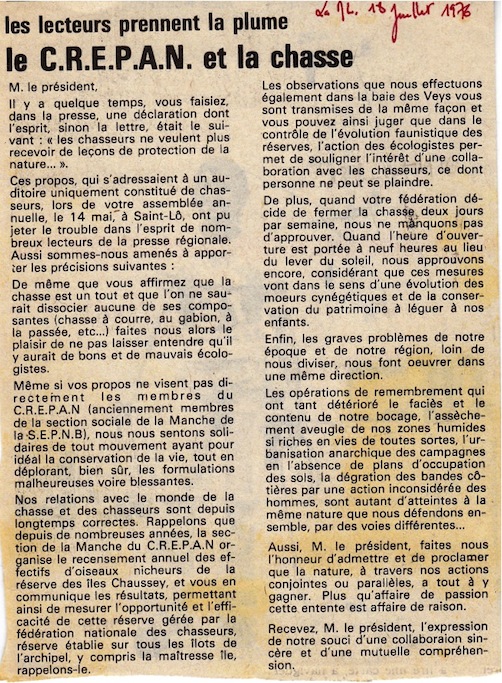 La Manche libre, 18 juillet 1976. <br />Ce texte &quot;courrier des lecteurs&quot; est accolé au précédent dans la mise en page du journal.