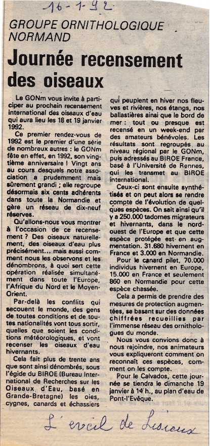 L'Eveil de Lisieux, 16 janvier 1992