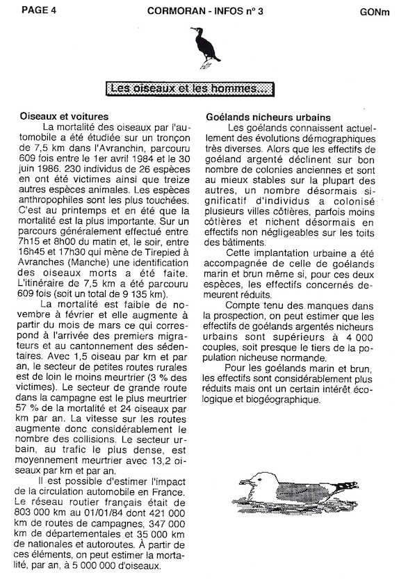 page 4 : le bilan des comptages d'oiseaux percutés par les automobiles sur le trajet de son travail, par Luc Loison (pas percutés par lui : il compte sur son vélo.)