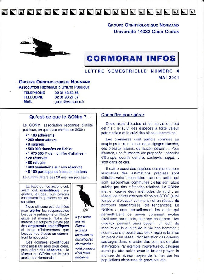Cormoran Infos n°4, mai 2001<br />Des actions, des résultats et des espoirs déçus avec les régions. Nous avions raison trop tôt...