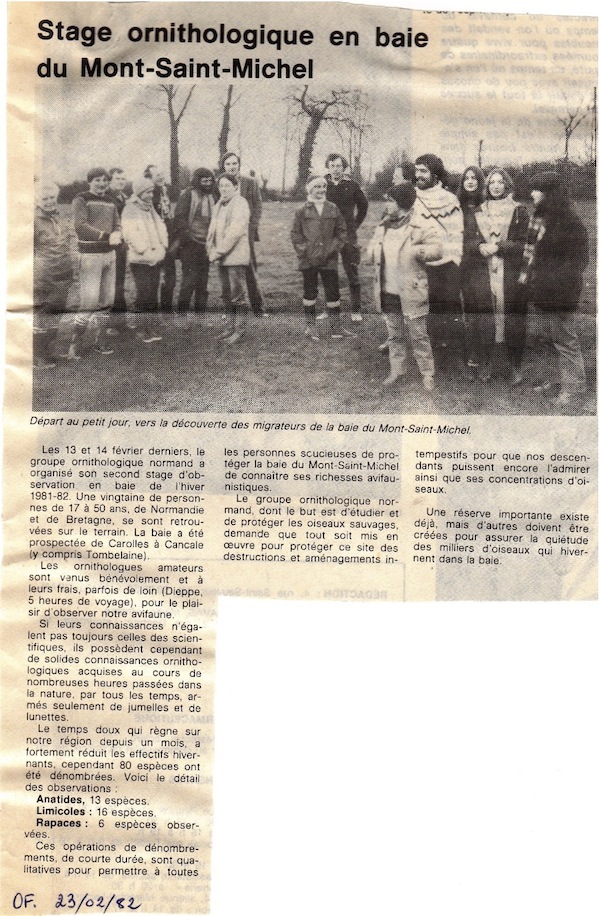 Ouest-France, 23 février 1982<br />Luc Loison, organisateur, est au centre de la photo.<br />Le texte insiste sur le statut des participants (bénévoles, amateurs) et la qualité du travail d'observation accompli.