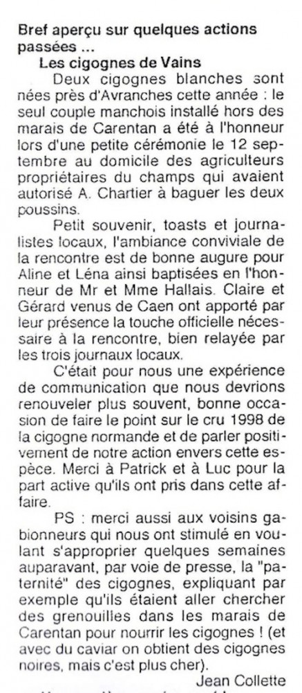 Note publiée dans le bulletin de liaison n°110 page 8 : cette première expérience de communication en allant &quot;à la rencontre de&quot; fut renouvelée par la suite en diverses occasions. <br />Patrick Desgué et Luc Loison avaient préparé le terrain en nouant des contacts avec les agriculteurs.