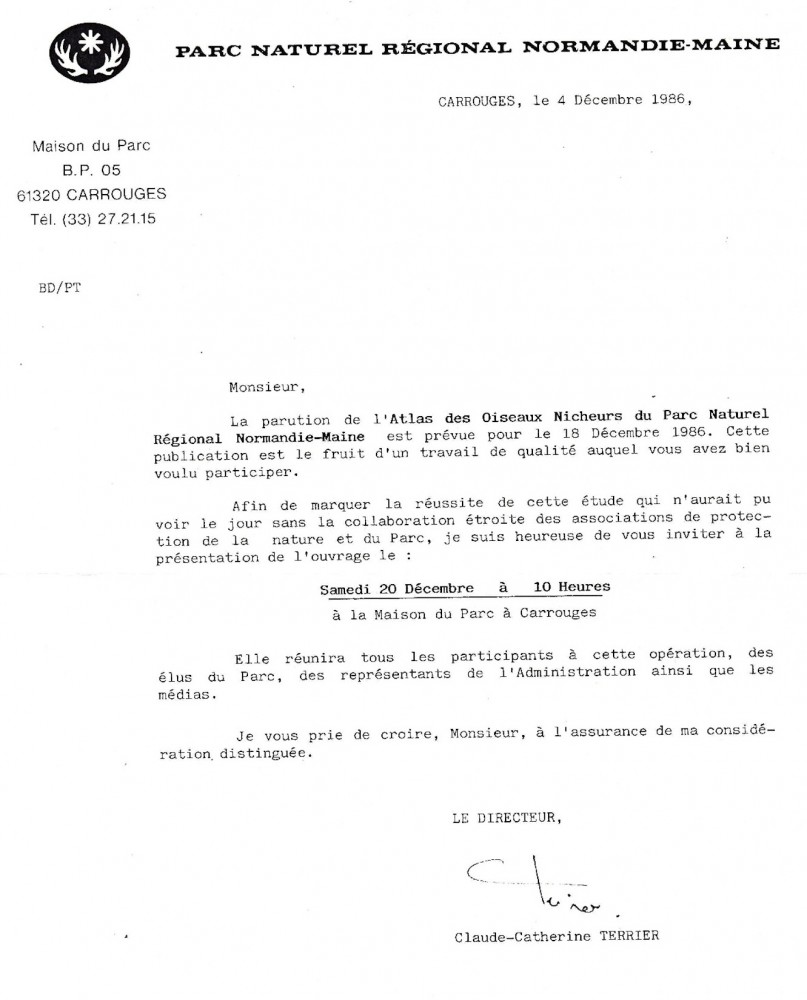 Courrier d'invitation pour la parution de l'atlas. C'est la seule fois où j'ai eu l'occasion de voir  des poissons voler sur une route de l'Orne! Le verglas était tel que le poissonnier qui me précédait est allé au fossé, la porte arrière de sa camionnette s'ouvrant et éjectant tout le contenu, poissons, polystyrène et glace (inutile!)