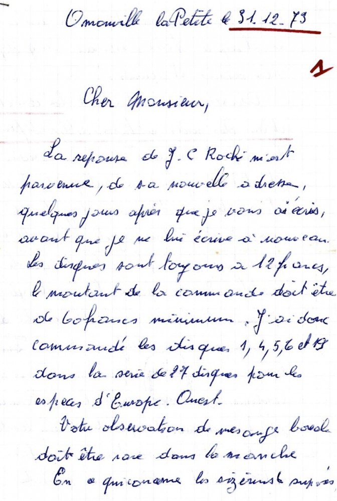 Auguste Samson. Courrier à J Collette en date du 31 décembre 1973.