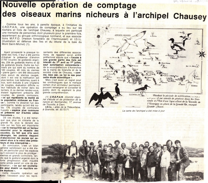 article Ouest France; Granville, le 29 mai 1982<br />On notera le total des goélands nicheurs cette année 1982 : 2700 couples. Pour mémoire, actuellement la population de goélands argentés nicheurs est de 1489 couples sur l'ensemble des trois principales colonies normandes alors qu'elle était de 10 000 couples il y a 20 ans...