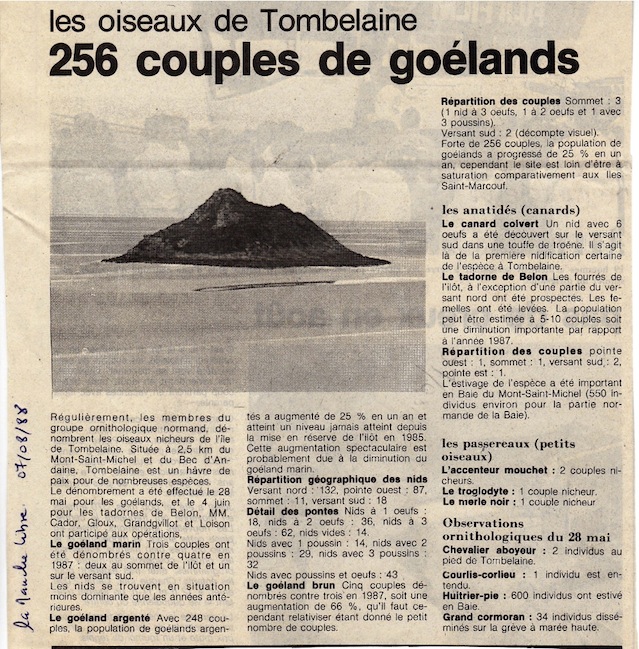 La Manche libre, 7 août 1988. 248 couples de goélands argentés, pratiquement comme en 2018, sauf qu'aujourd'hui, quasiment aucun couple n'a élevé de jeunes, un prédateur faisant des ravages sur l'îlot.