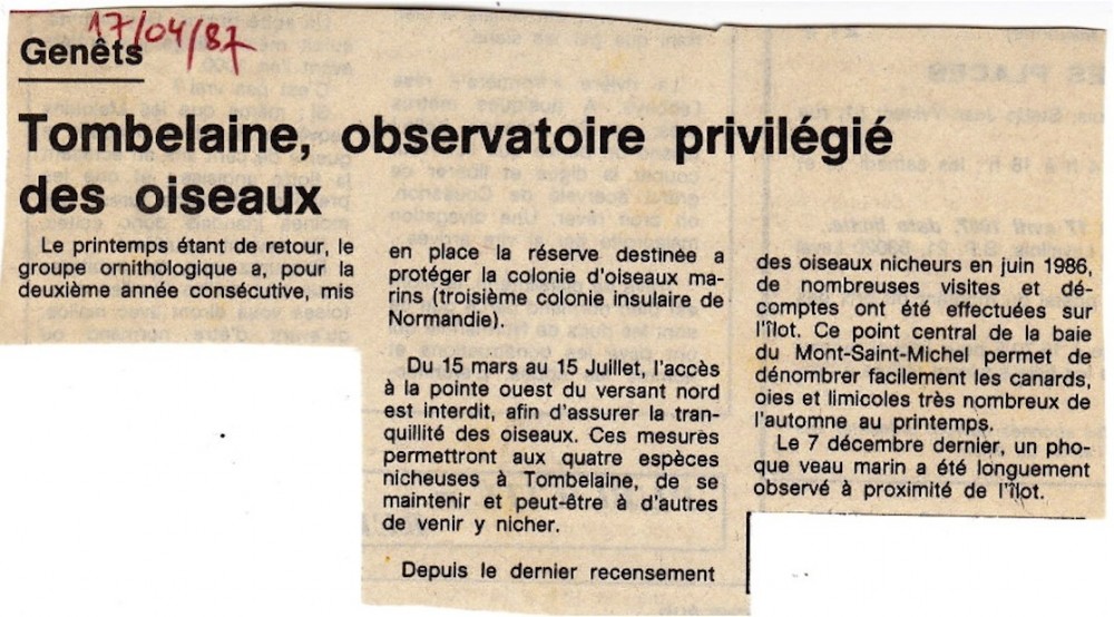 Ouest-France, 17 avril 1987: deuxième année d'existence de la réserve; rappel des interdictions.