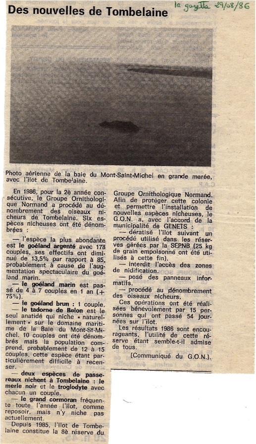 La Gazette de la Manche, 29 août 1986. Communiqué du GONm.