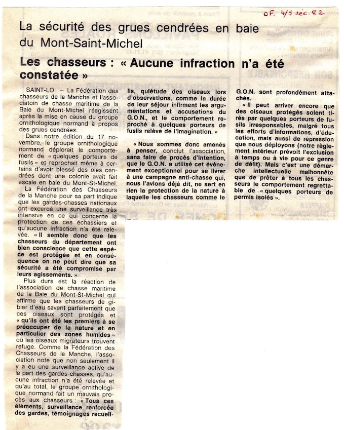 Ouest-France, 4 décembre 1982. Réaction des chasseurs