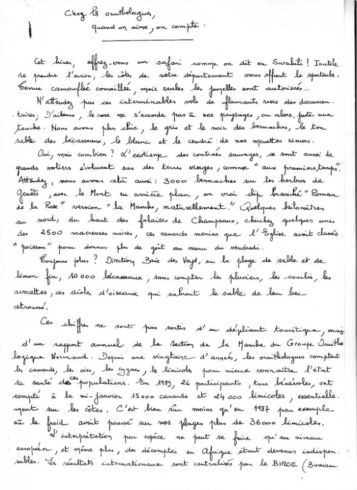 Manuscrit (1ère page) envoyé aux 3 journaux locaux du Sud Manche