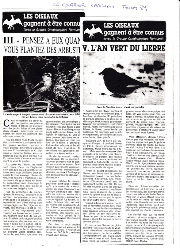 Deux parutions de texte dans le Courrier Cauchois de février 1989.
