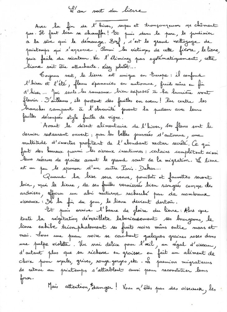 Texte manuscrit envoyé à la presse locale : exemple du lierre