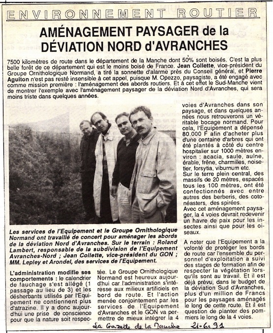 La Gazette de la Manche, 26 juin 1991. Etrange mise en scène de la photo! Monsieur Arondel, deuxième à partir de la droite est devenu depuis maire de Ponts. Dommage que l'expérience de plantations se soit arrêtée en si bon chemin...