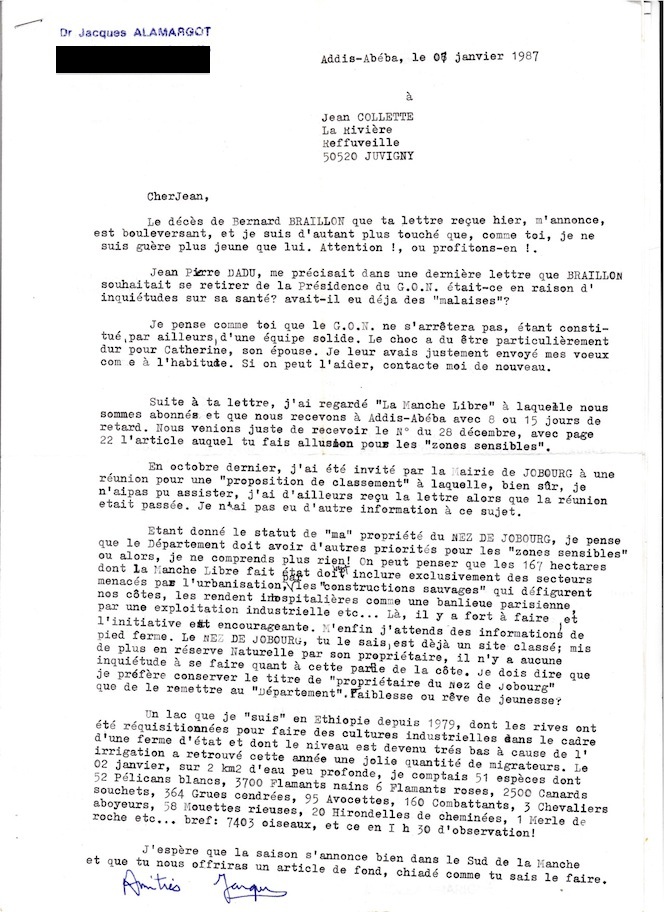 courrier de Jacques Alamargot (en poste à Addis-Abéba). Bernard Braillon, président du GONm, vient de décéder le 26 décembre 1986.