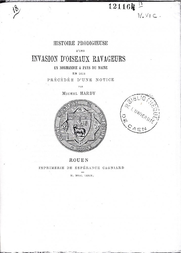 Page titre de la notice de M. Hardy.<br />Ces &quot;Extraordinaires&quot; et &quot;Gazettes&quot; vont conserver longtemps ce goût du fantastique peu regardant sur la véracité des faits rapportés. On peut aller consulter sur ce forum dans le fil nommé &quot;D'un autre temps&quot;, document 17 page 2, le récit d'une femme mourant à la suite d'une morsure de crapaud. http://forum.gonm.org/viewtopic.php?f=12&amp;t=638&amp;p=3203&amp;hilit=aigle#p3203