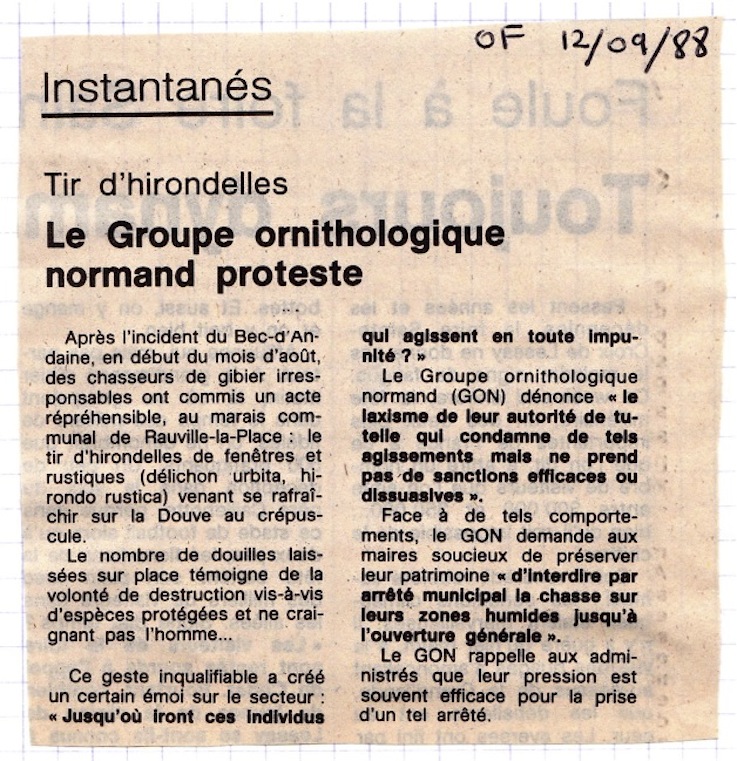 Ouest-France, 12 septembre 1988. <br />Il est à noter que la presse locale ne rechigne pas à passer ces articles basés le plus souvent sur des textes que nous proposons.