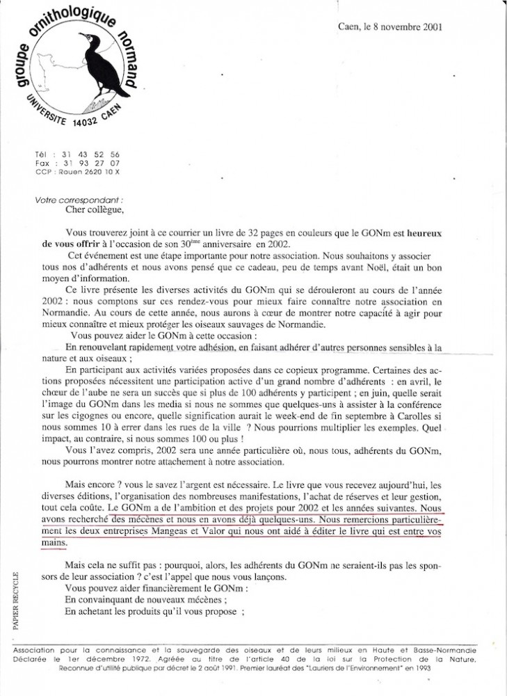 Courrier joint à l'envoi de la publication aux adhérents fin 2011.