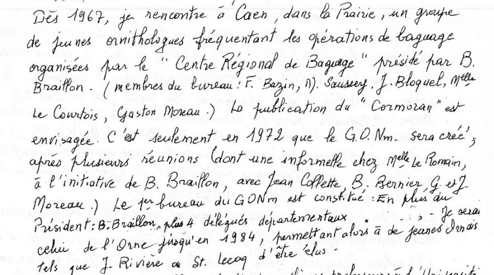 Extrait d'un texte de mémoires de Gaston Moreau (rédaction Jeanne Moreau) qui souligne la dynamique de départ autour des rencontres de bagueurs normands du Centre régional de baguage.
