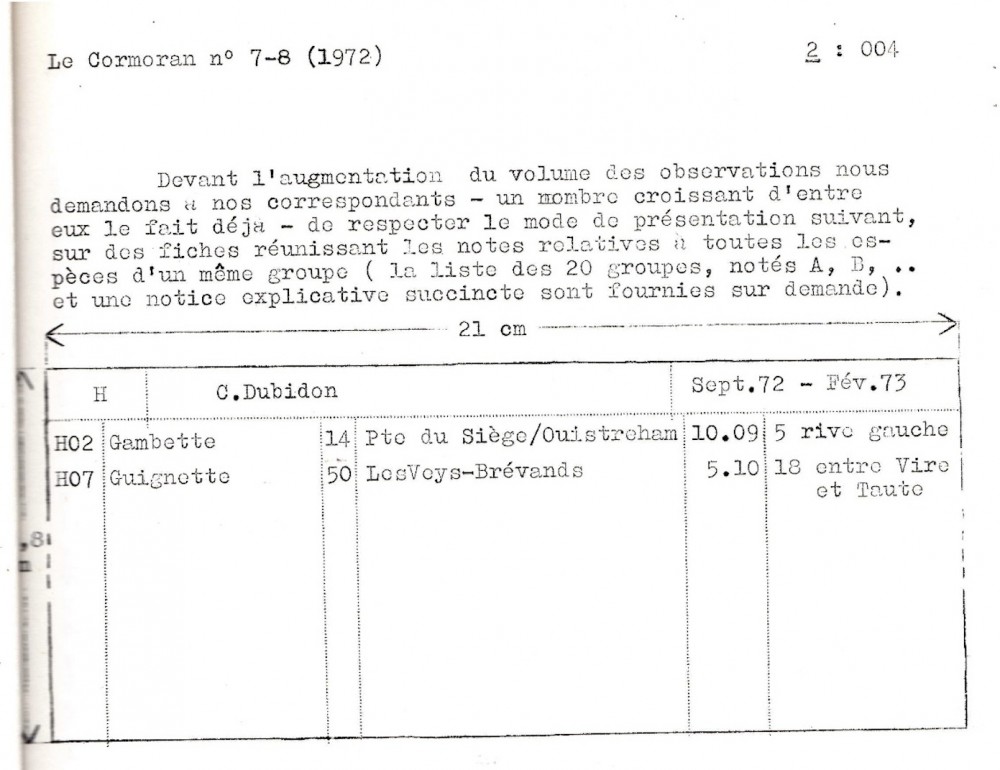 La première mouture de la fiche RSS publiée dans le Cormoran en 1972.