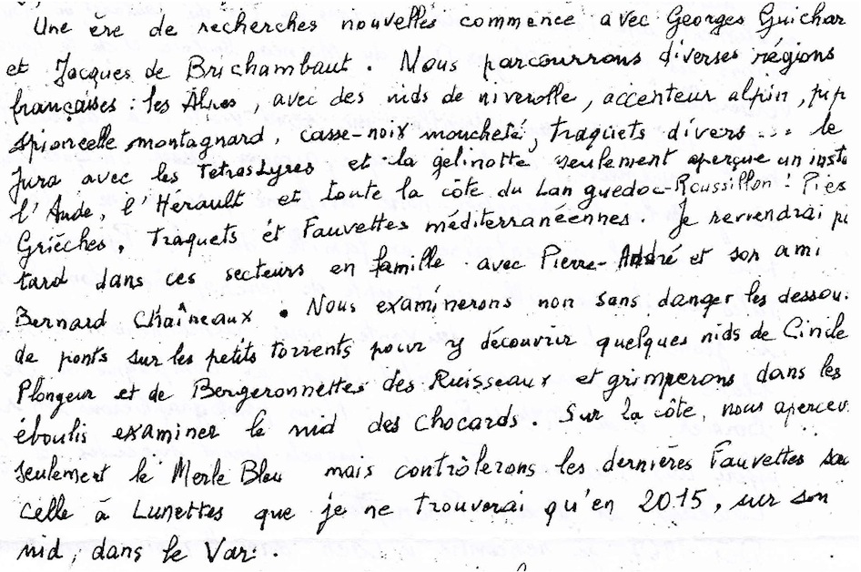 Quelques espèces nicheuses découvertes par G. Moreau en compagnie de Guichard et de Brichambaut.<br />(La copie a rogné le texte à droite)