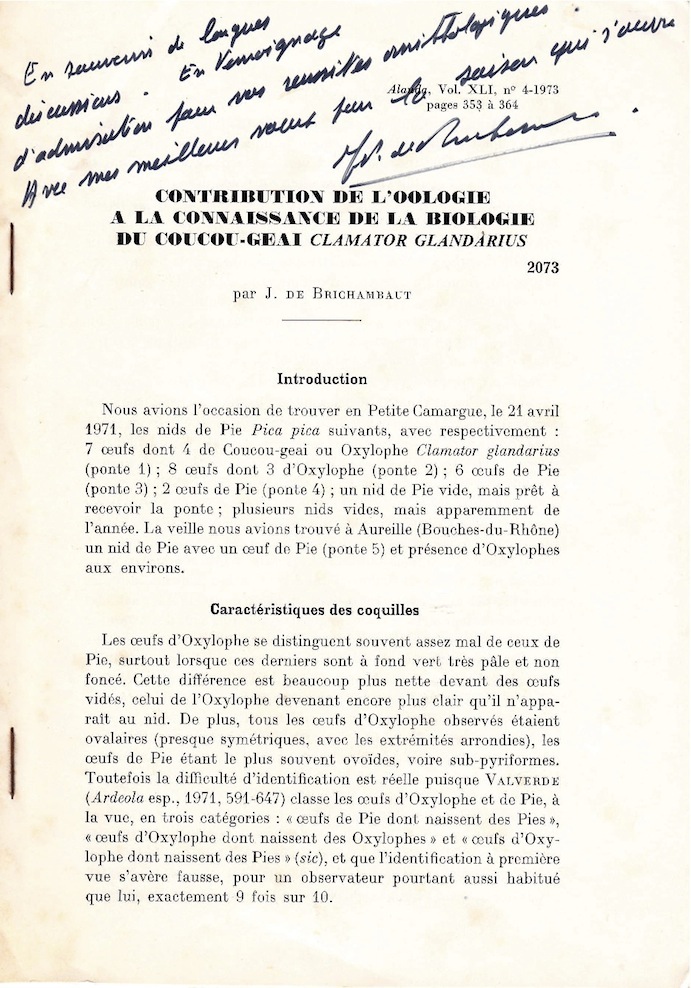 Tiré à part dédicacé de J. de Brichambaut adressé à Gaston Moreau