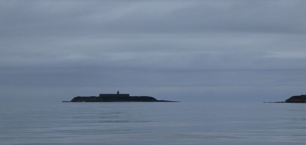 L'île du large dans la clarté bleutée du matin. La mer était d'huile.