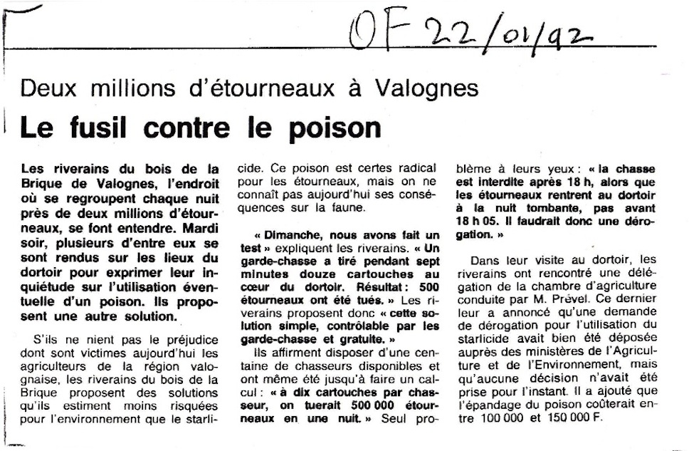 Ouest-France 22 janvier 1992.<br />La solution du traitement aérien au starlicide entraine des craintes sanitaires chez les riverains qui prônent la solution du tir. Démonstration : 12 cartouches, 7 minutes, 500 cadavres.