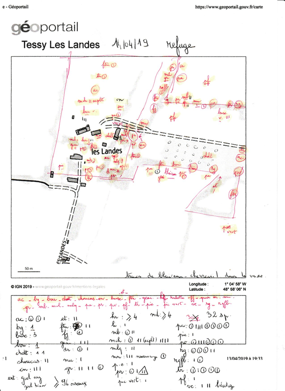 Le relevé sur plan permet de visualiser la position des oiseaux sur le site. 30% se trouvent au sud-ouest de la ferme qui est très boisé.